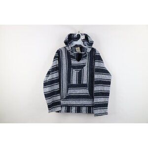 Vtg 90s Y2K Streetwear Womens Medium Striped Color Block Drug Rug Hoodie Blue